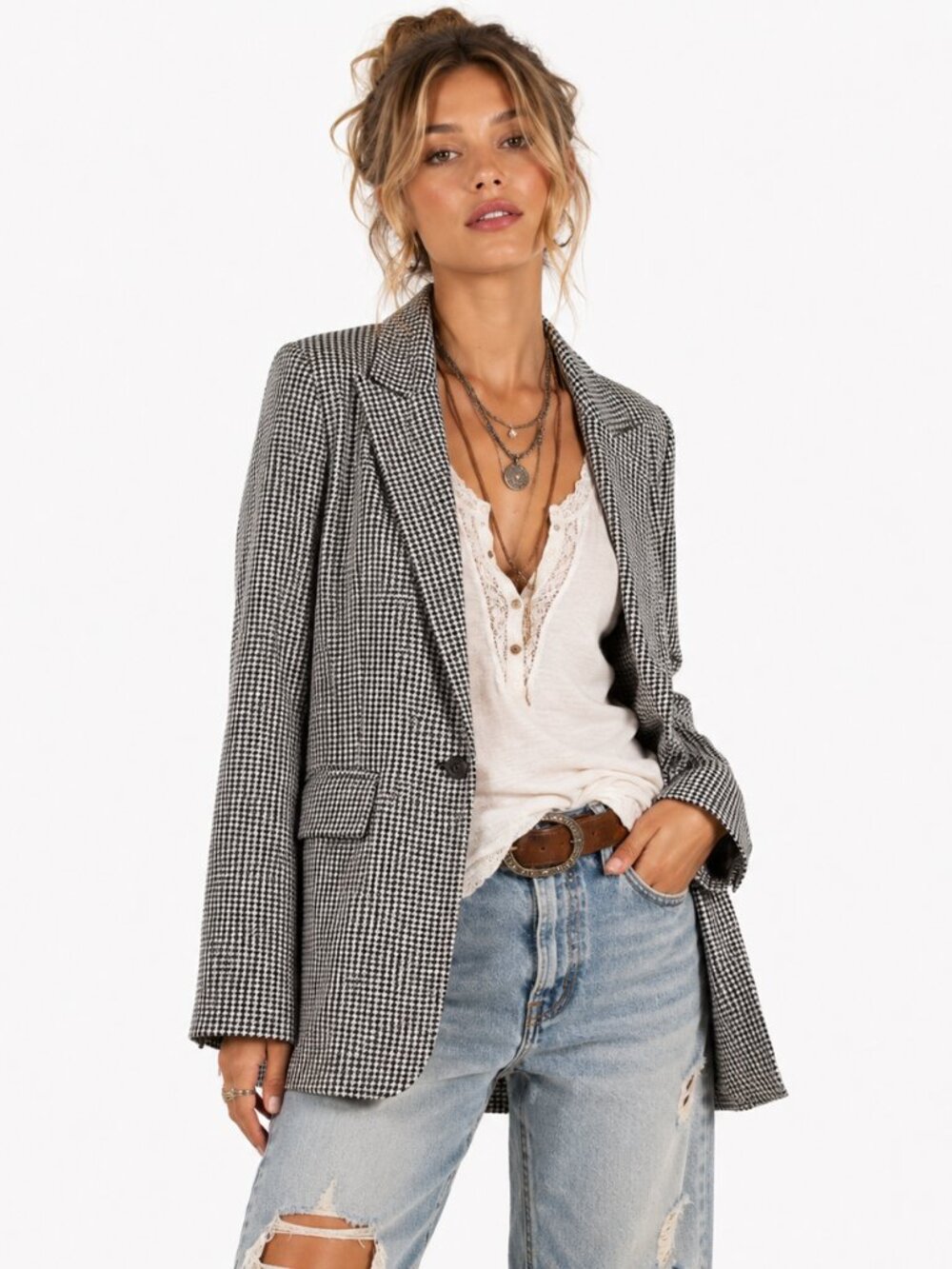 Lane‎ Bryant Houndstooth Blazer Womens 14 Black White Unlined Workwear Classic